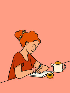 Young woman writing notes drinking tea