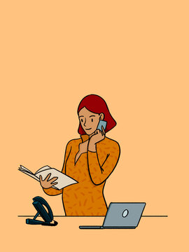 Woman working multitasking at office desk communicating