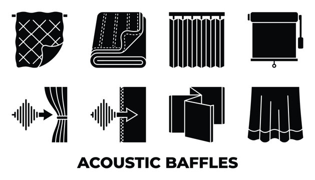 Acoustic baffles sound absorption panels and fabric divider icons for interior soundproofing design.