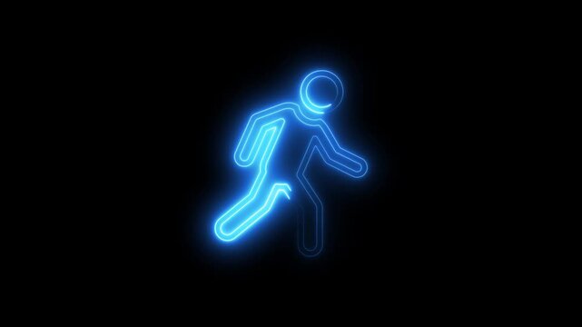 Neon Blue Running Man on Black Background with Glowing Outline Technology Concept