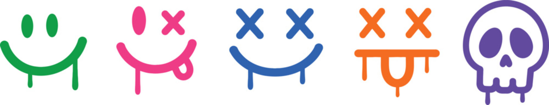 Grunge Graffiti Smiley Faces Set | Melting Street Art Skull Vector. Colorful Dripping Smile Emoji Icons | Edgy Urban Y2K Clipart Pack