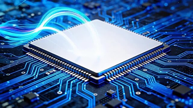 Microchip on circuit board with glowing lines