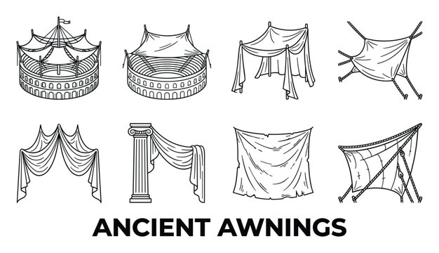 Ancient awnings and canopies set featuring tents, draped fabrics, pergolas, and sunshades for historical settings.