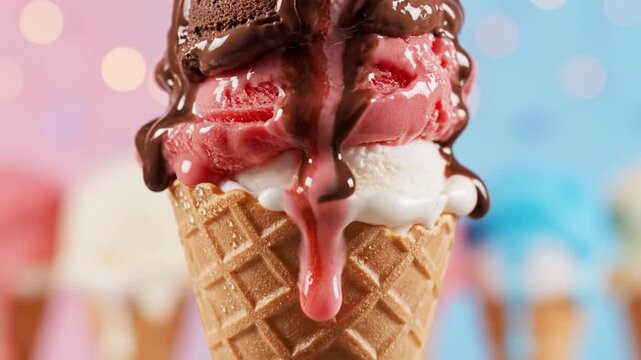 Triple scoop ice cream cone with chocolate strawberry and vanilla flavors topped with melting chocolate sauce