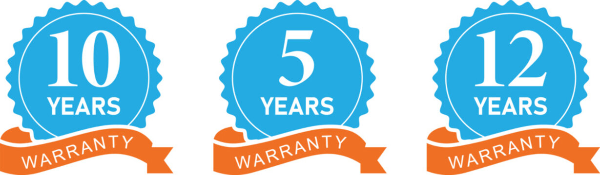 10, 5, 12 Year Warranty Badge Set, Circle Warranty Label with Blue Ribbon. for Durable Product Certification, Consumer Guarantee, Premium Design