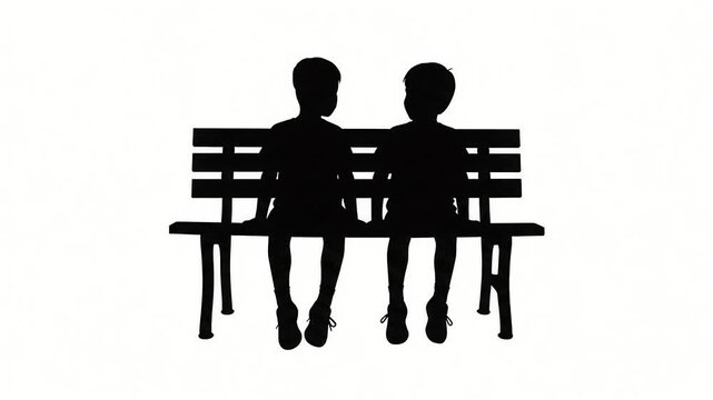 Silhouette of Two Children Sitting Together on a Park Bench.
