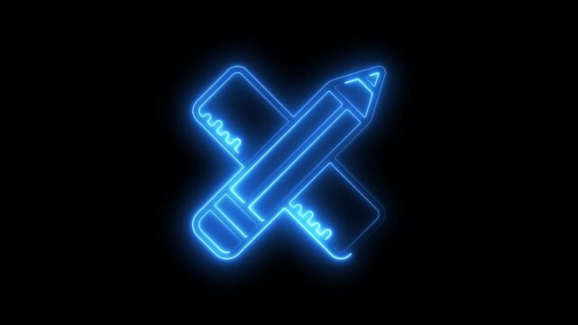 Glowing Blue Neon Pencil and Ruler Symbols Crossing Over on Black Background Education and