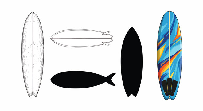 Surfboard designs and silhouettes for water sports and recreation.