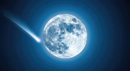 Obraz premium Bright blue moon with a comet passing by in the dark space