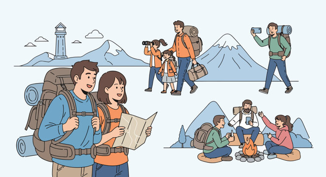 Happy young couple with backpacks looking at map family hiking and friends camping by a bonfire.