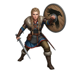 Obraz premium Viking warrior holding shield and sword ready for battle