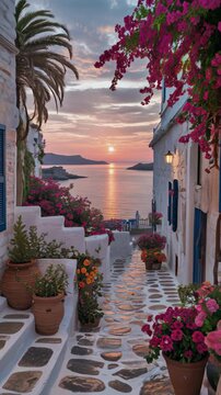 Beautiful narrow cobblestone street with traditional white houses and blooming flowers overlooking a scenic sunset over the sea in Greece