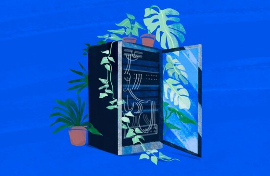 Server Rack with Plants &ndash; Eco Technology Concept