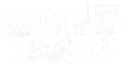 Obraz premium Parisian Picnic Scene Outline: Eiffel Tower, Arc de Triomphe, Families Enjoying Outdoors