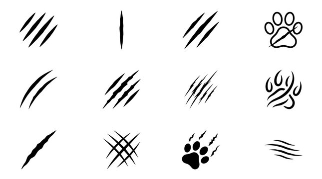 Set of Animal Claw Scratch Marks and Paw Print Icons