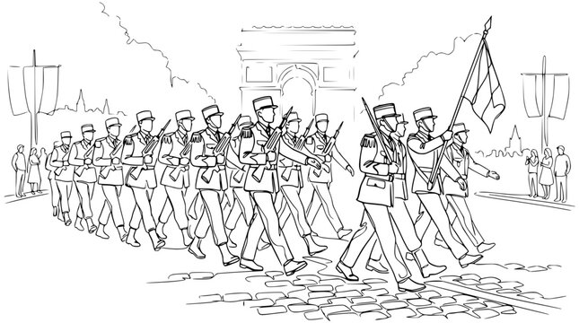 French Soldiers Marching with Flag at Arc de Triomphe, Paris - Line Art Illustration