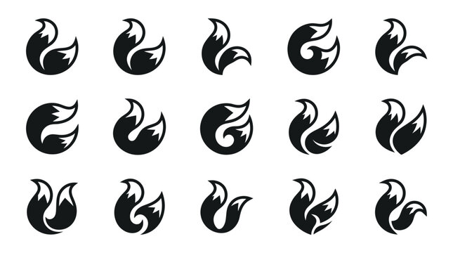 Set of Minimalist Fox Tail Logo Icons and Stylized Animal Symbols