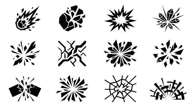 Set of Black and White Shatter and Explosion Icons