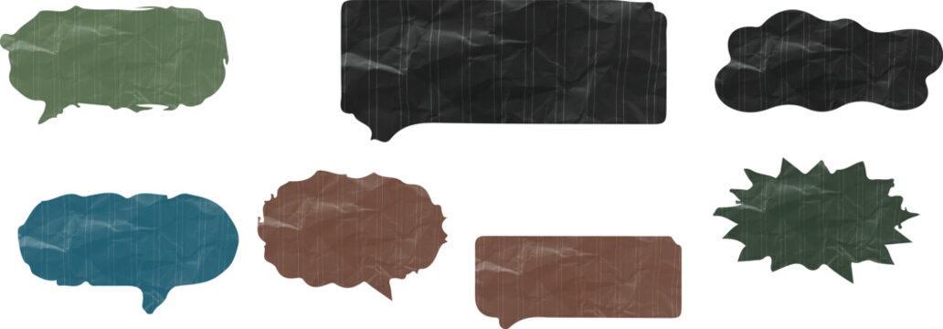 Collection of seven crumpled paper speech bubble shapes in various colors and forms on white