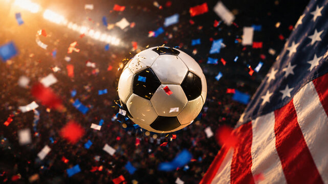 dynamic professional floating soccer ball in brightly lit stadium with colorful falling confetti and large american flag during national sports championship match