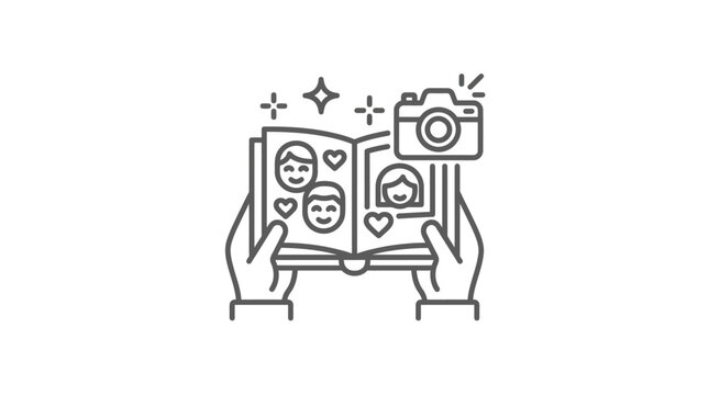 Hands holding photo album with memories line art icon.