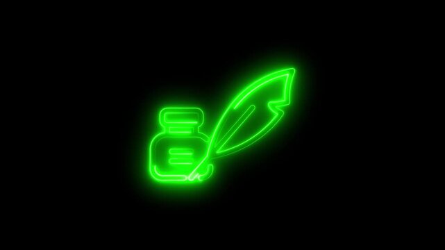 Neon green glowing inkwell with quill pen on black background writing symbol creative concept