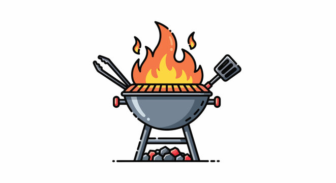 Vibrant Barbecue Grill with Flames and Utensils Illustration.