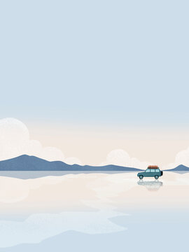 Off-road vehicle driving across a reflective salt flat