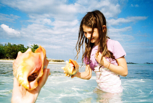 UGC vacation moment finding conch shells at the beach in the Bahamas