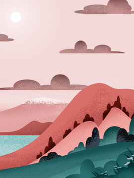 Abstract pink landscape with rolling hills and lake
