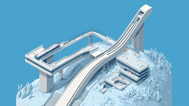 Futuristic ski jump stadium with sleek white structure and icy landscape background