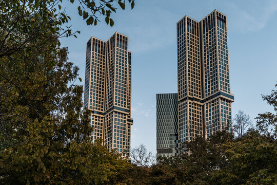 Twin modern skyscrapers in Seoul framed by trees
