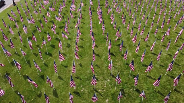 Drone shot of field of American flags in field in Westerville, Ohio
