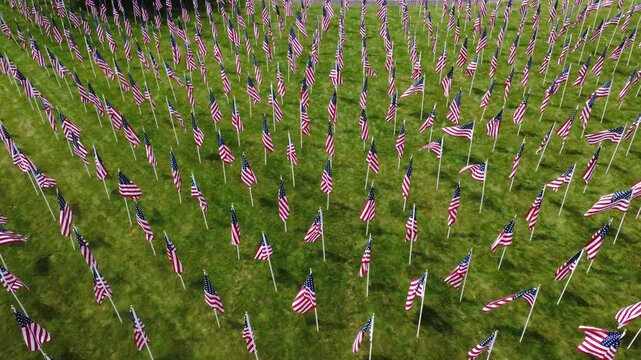 Drone shot of field of American flags in field in Westerville, Ohio