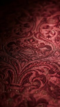 Rich Red Velvet Fabric with Intricate Ornate Floral Pattern