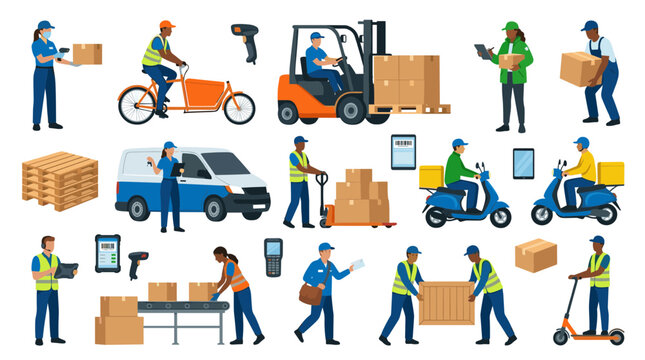 Logistics and delivery team working together with forklifts, scooters, and vans for efficient package handling and shipping services