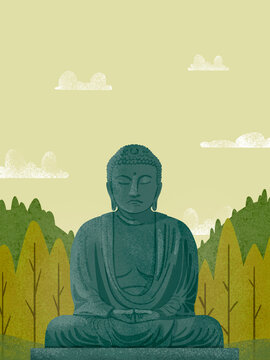 Buddha statue meditating in peaceful nature landscape