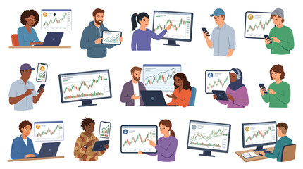 Fototapeta premium Diverse business professionals analyzing financial charts and stock market data on various devices, illustrating investment and trading concepts.