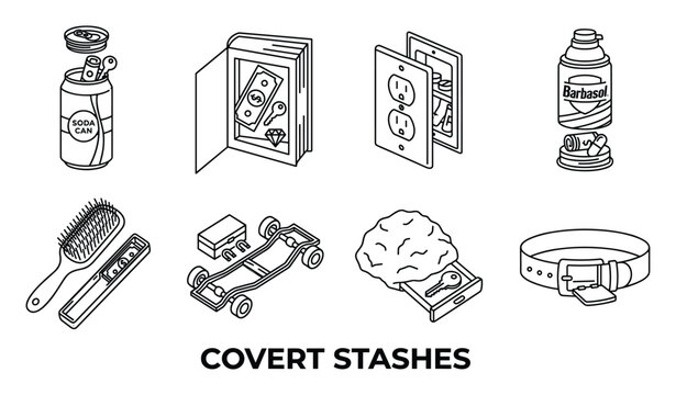 Covert stashes hidden objects soda can book money diamond jewelry wall outlet razor shave cream hair brush ruler car chassis brain key belt.