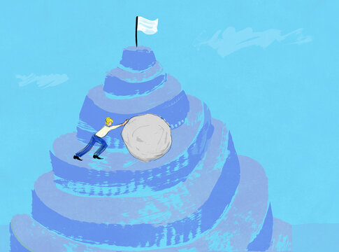 Person pushing a boulder up a steep hill with flag at the summit.
