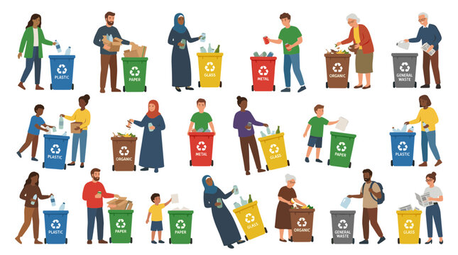 Diverse people sorting and recycling various types of waste into colored bins promoting eco-friendly living and sustainability awareness