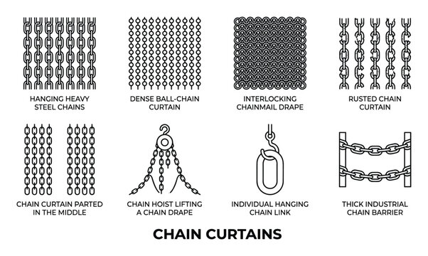Hanging heavy steel chains dense ball chain curtain interlocking chainmail drape rusted chain.