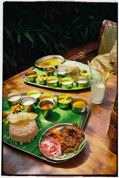 Traditional South Indian banana leaf meal 