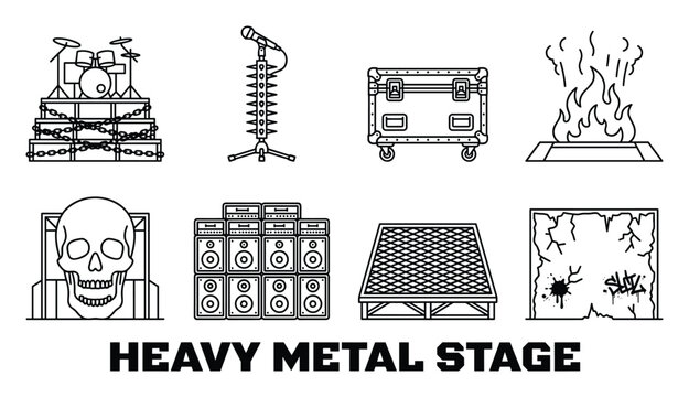 Heavy metal stage icons set featuring drums, microphone, flight case, fire, skull, speakers, stage, and backdrop.