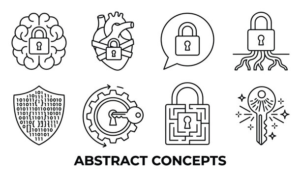 Set of abstract line art icons depicting information security and digital technology access concepts.