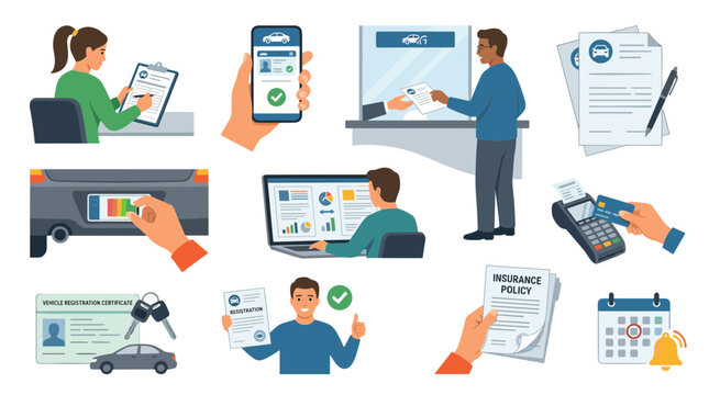 Car insurance and registration process with digital documents and payment options for vehicle ownership and driving services