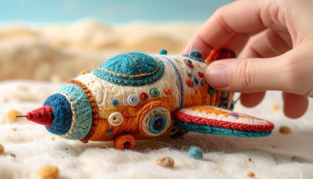 Felted Sci-Fi Explorer- -A whimsical cinematic scene of a tiny robot 