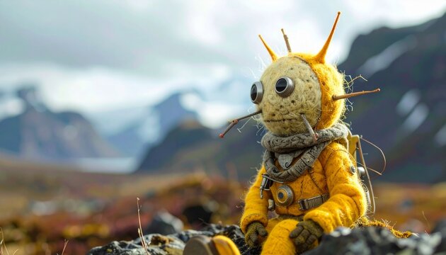 Felted Sci-Fi Explorer- -A whimsical cinematic scene of a tiny robot 