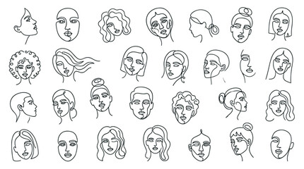 Fototapeta premium Collection of diverse abstract continuous line art faces showcasing minimalist modern female beauty and individuality in black and white