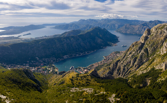 Scenic drone panorama of Kotor Bay From Mountain Heights in Montenegro